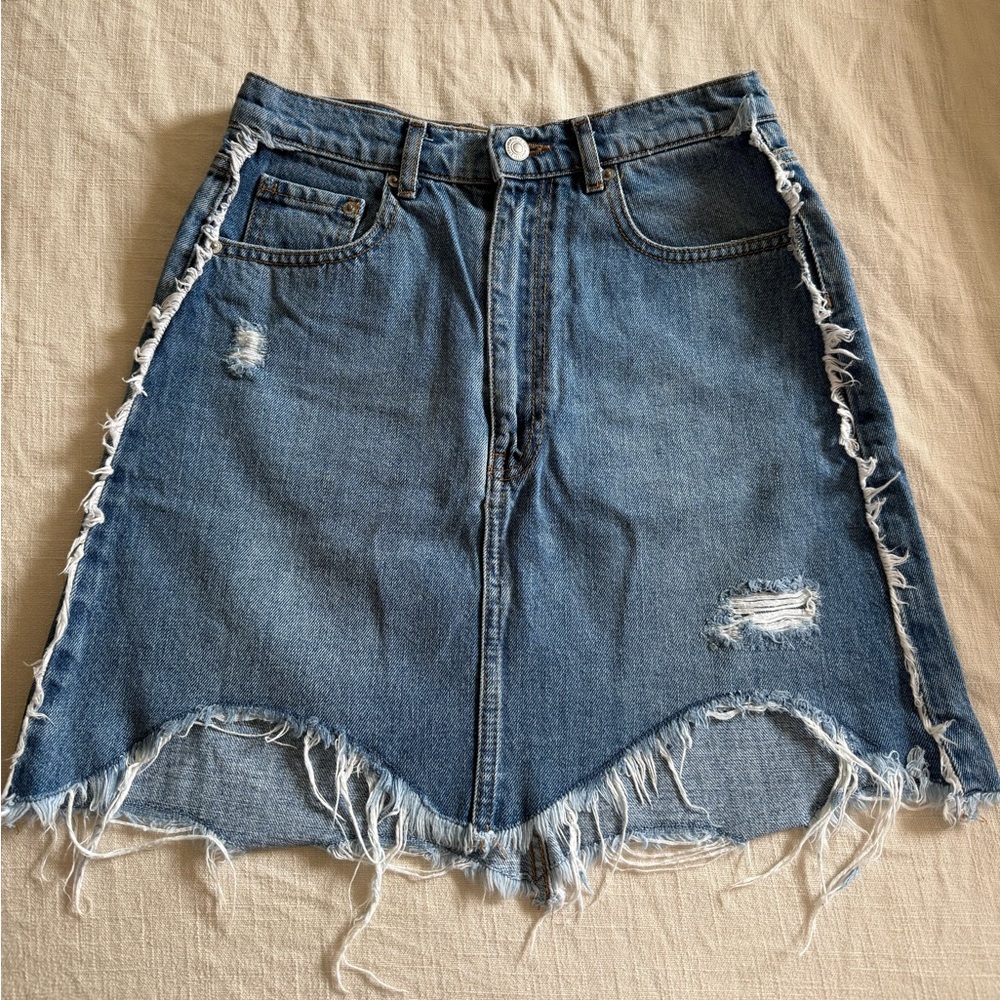 Zara Asymmetrical Denim Skirt with Frayed Hem